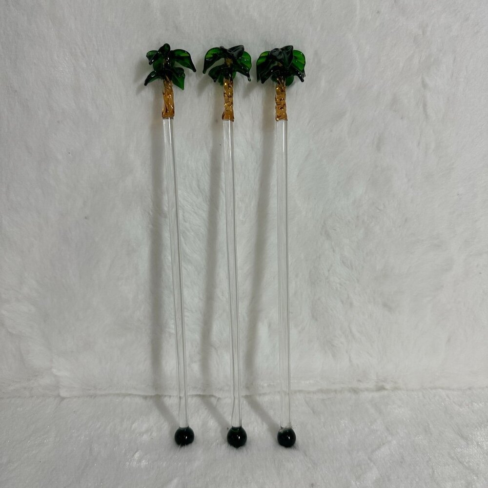 Set Of 3 Vintage Handcrafted Glass Palm Tree Drink Cocktail Stirrers tiki